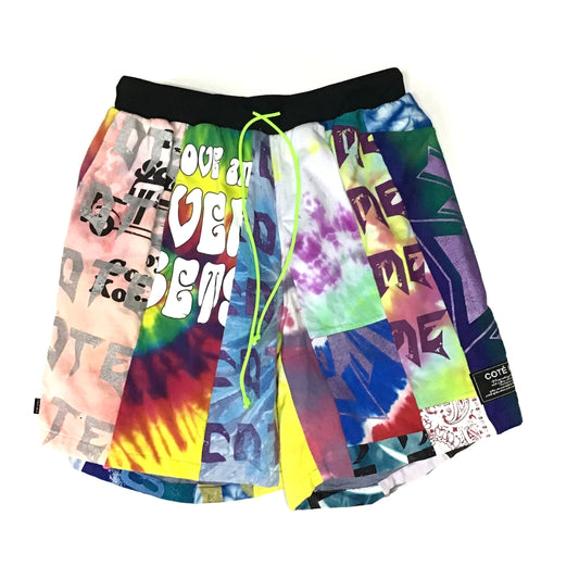 Remake Baggy Hiphop Loose Psychedelic Colorful Bespoke Hypebeast Japanese Vintage Wagara Graphics Style  Handmade Custom One and Only One Cote Mer Upcycle Sustainable Street Fashion Bleached Tie Dye Half Pants Shorts Bottoms ( Size : L )