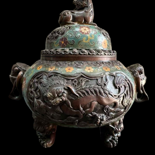 Heavy Bronze Chinese Cloisonné-Style Shishi Censer — Guardian Lion Incense Burner with Enamel Floral Dome Lid, 29 cm, 5.3 kg (Old-Collection Decorative Arts)