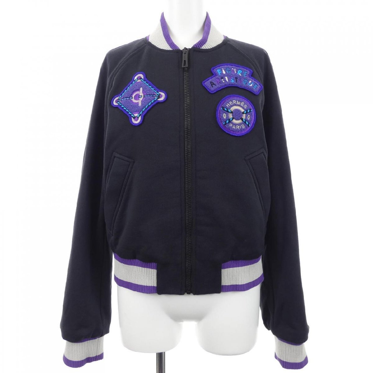 Hermès Figure Artistique Varsity Embroidered Jacket 36 Black Purple Rope Motif Luxury Blouson