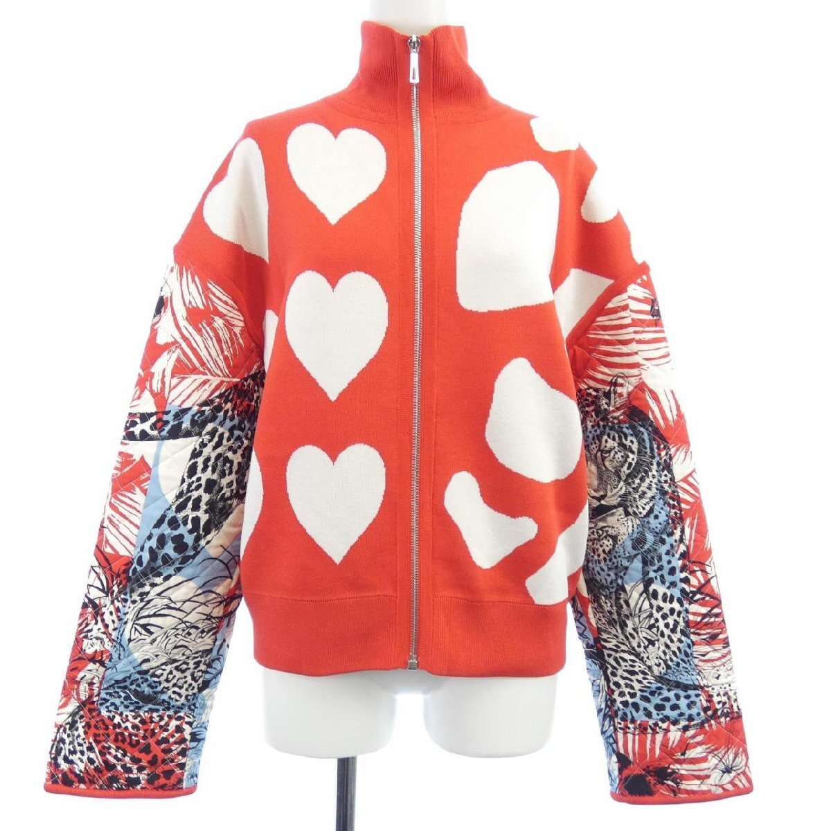 Hermès JUNGLE LOVE Red Heart Zip Jacket Mixed Media Knit Silk Size 36