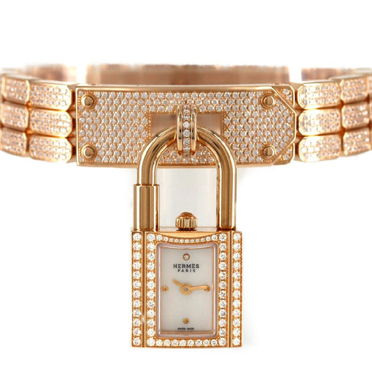 Hermès Kelly Watch KE4.172 PG Diamond Pave Lock & Bracelet – Rose Gold High Jewelry – Mother-of-Pearl Dial – Full Set