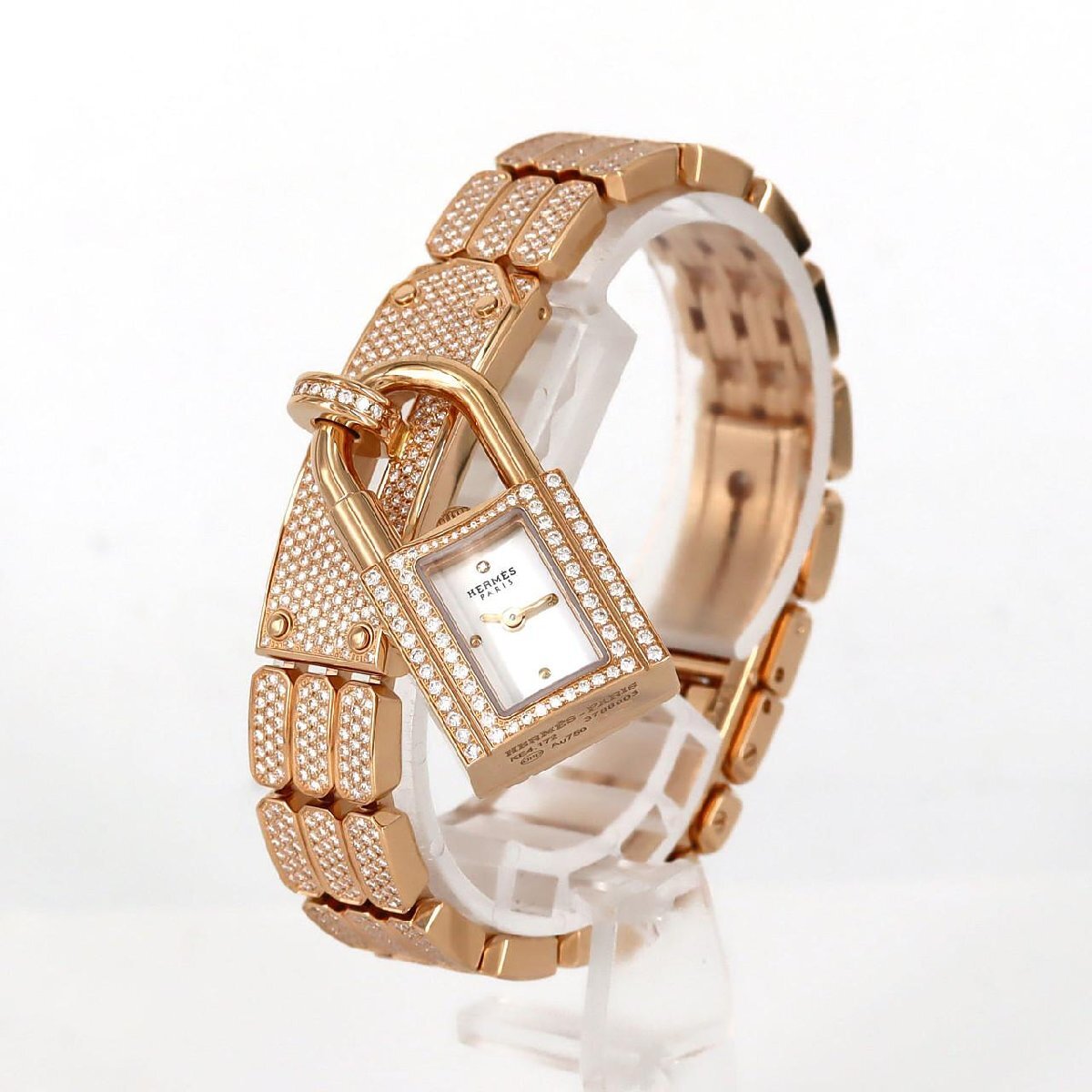 Hermès Kelly Watch KE4.172 PG Diamond Pave Lock & Bracelet – Rose Gold High Jewelry – Mother-of-Pearl Dial – Full Set