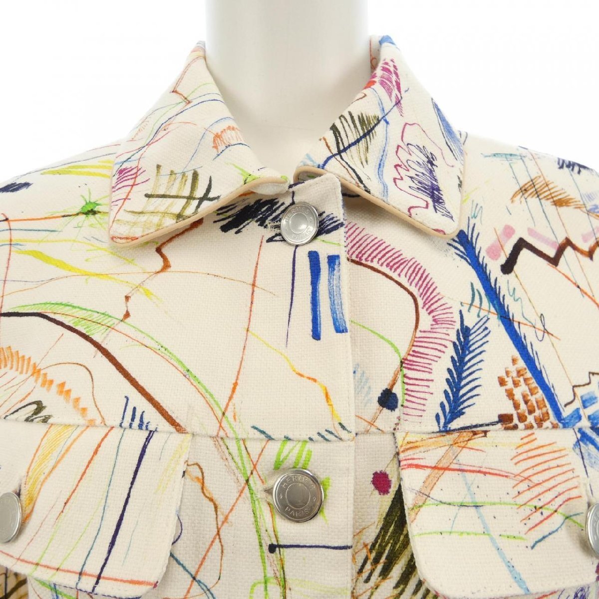Hermès Multicolor Embroidered Graphic Jacket White Womens Size 34 Artistic Luxury Made in France