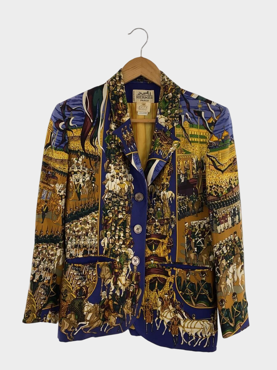 Hermès Navy Silk Scarf Print Tailored Jacket Size 40 Full Narrative Pattern Vintage France