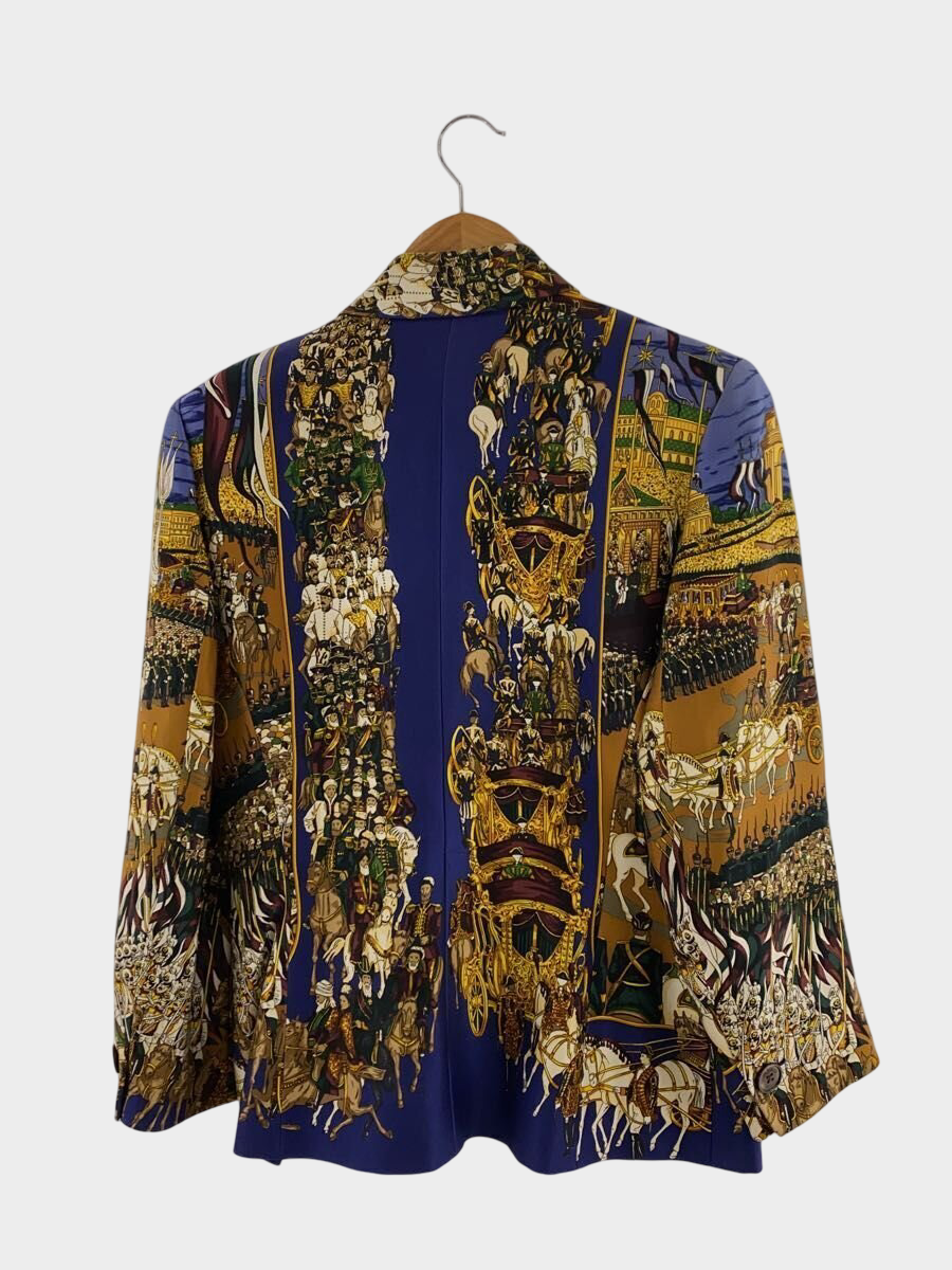 Hermès Navy Silk Scarf Print Tailored Jacket Size 40 Full Narrative Pattern Vintage France