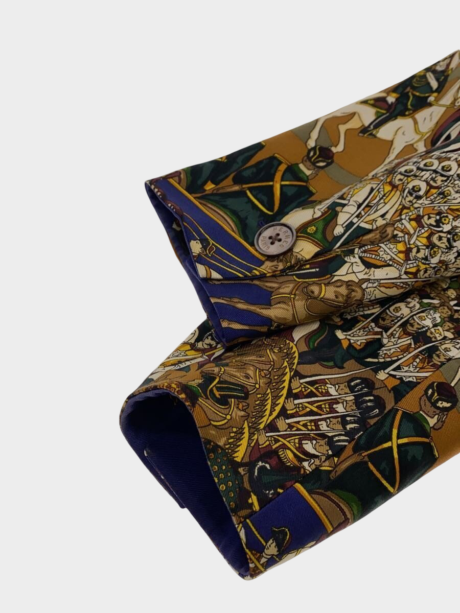 Hermès Navy Silk Scarf Print Tailored Jacket Size 40 Full Narrative Pattern Vintage France
