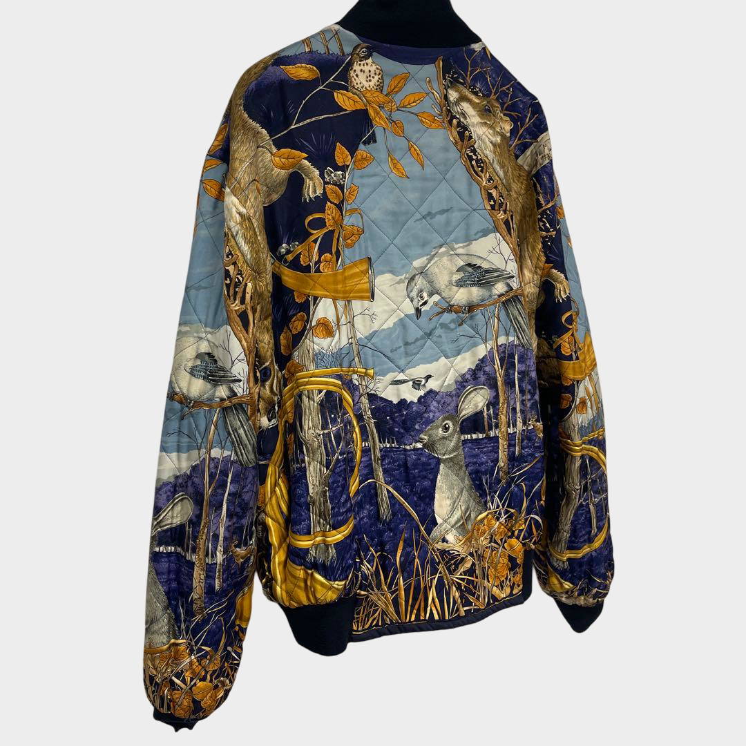 Hermès Reversible Bomber Jacket Wildlife Animal Print Navy Size L Scarf Inspired
