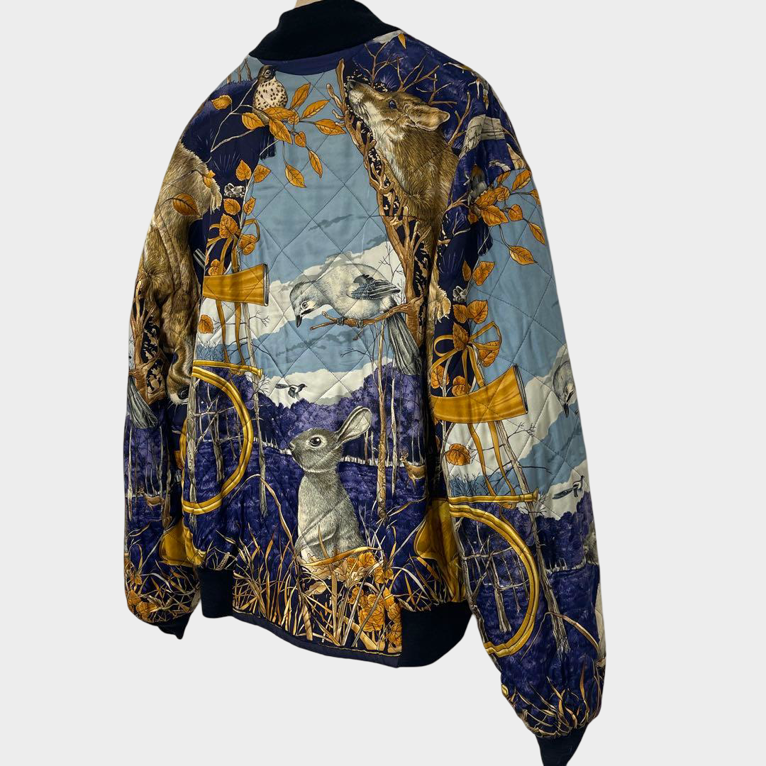 Hermès Reversible Bomber Jacket Wildlife Animal Print Navy Size L Scarf Inspired