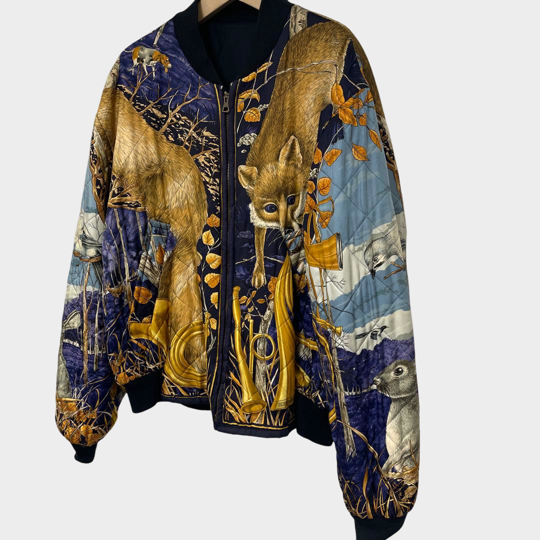 Hermès Reversible Bomber Jacket Wildlife Animal Print Navy Size L Scarf Inspired