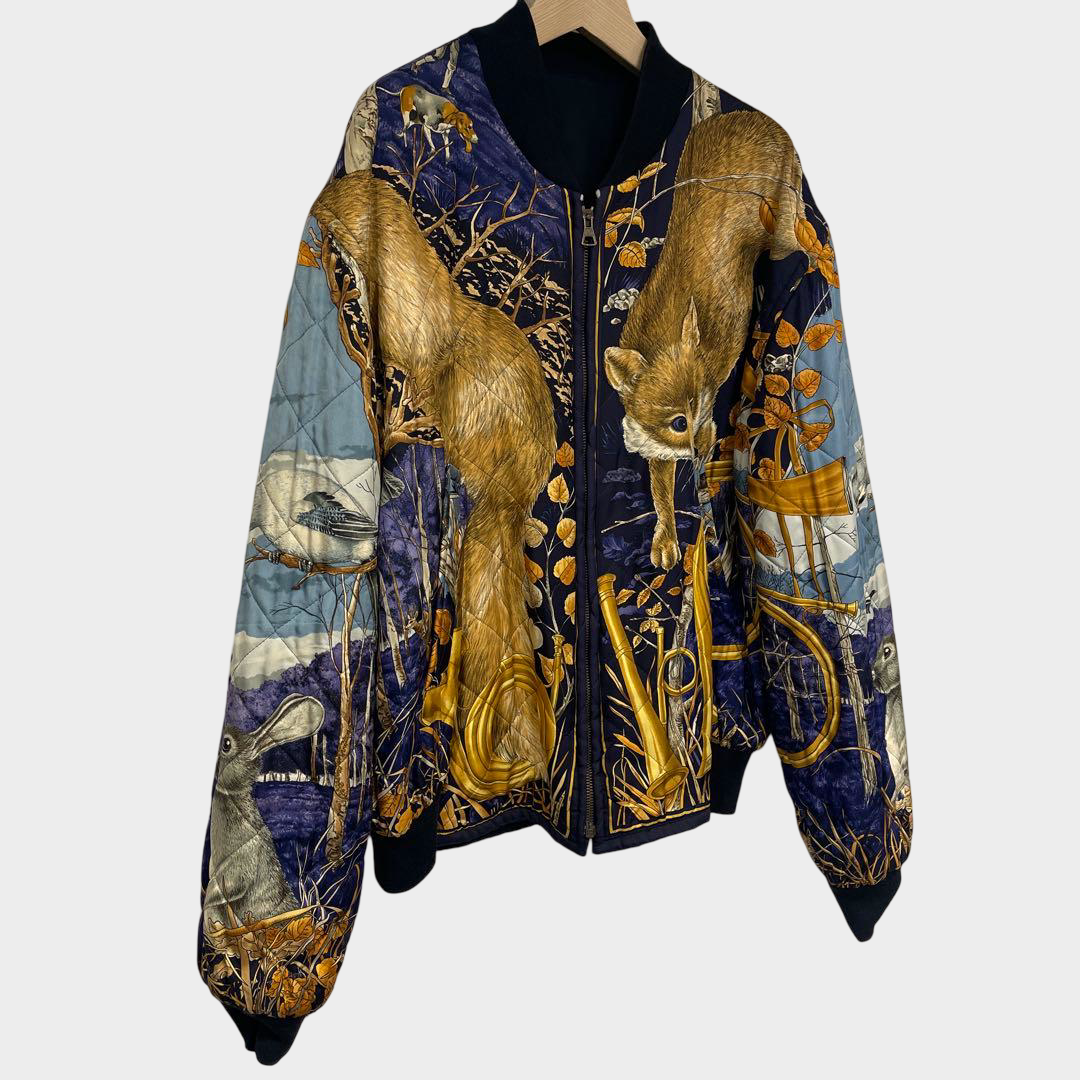 Hermès Reversible Bomber Jacket Wildlife Animal Print Navy Size L Scarf Inspired