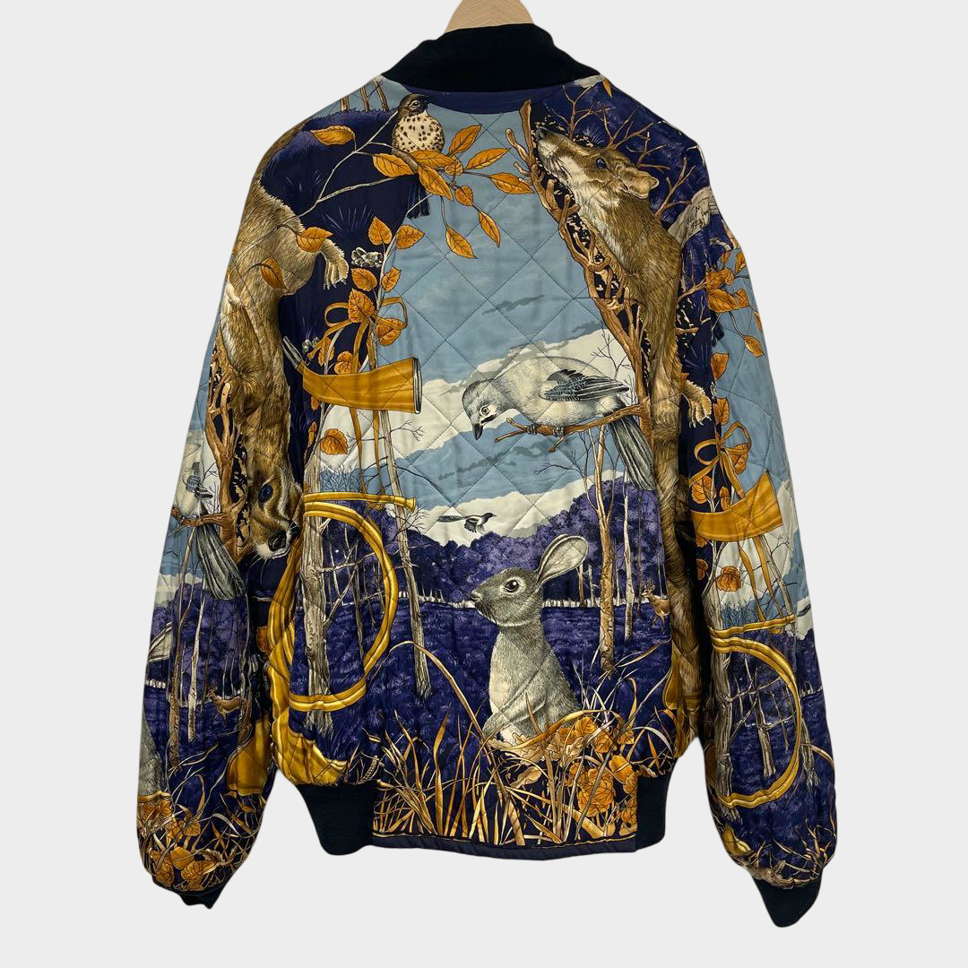 Hermès Reversible Bomber Jacket Wildlife Animal Print Navy Size L Scarf Inspired