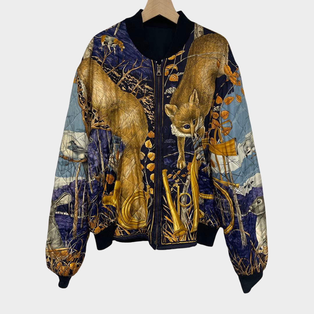 Hermès Reversible Bomber Jacket Wildlife Animal Print Navy Size L Scarf Inspired