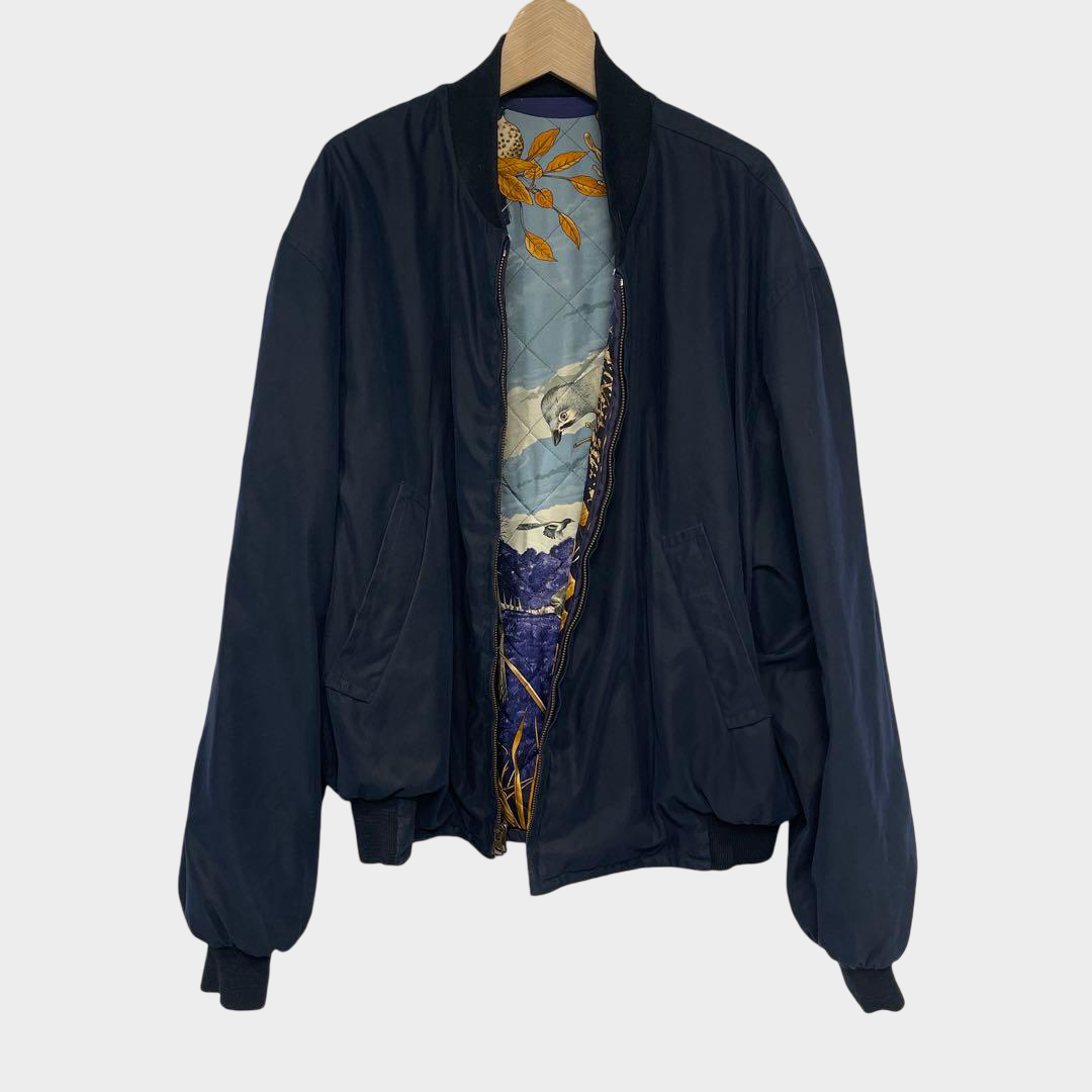 Hermès Reversible Bomber Jacket Wildlife Animal Print Navy Size L Scarf Inspired