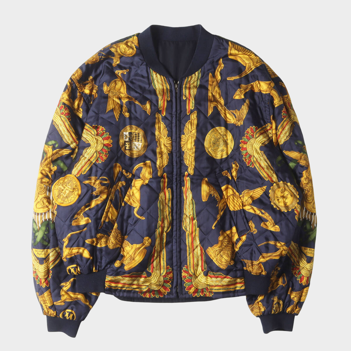 Hermès Reversible Silk Bomber Jacket — Gold & Navy Heraldic Print, Oversized Size 54, 1980s–90s Archive