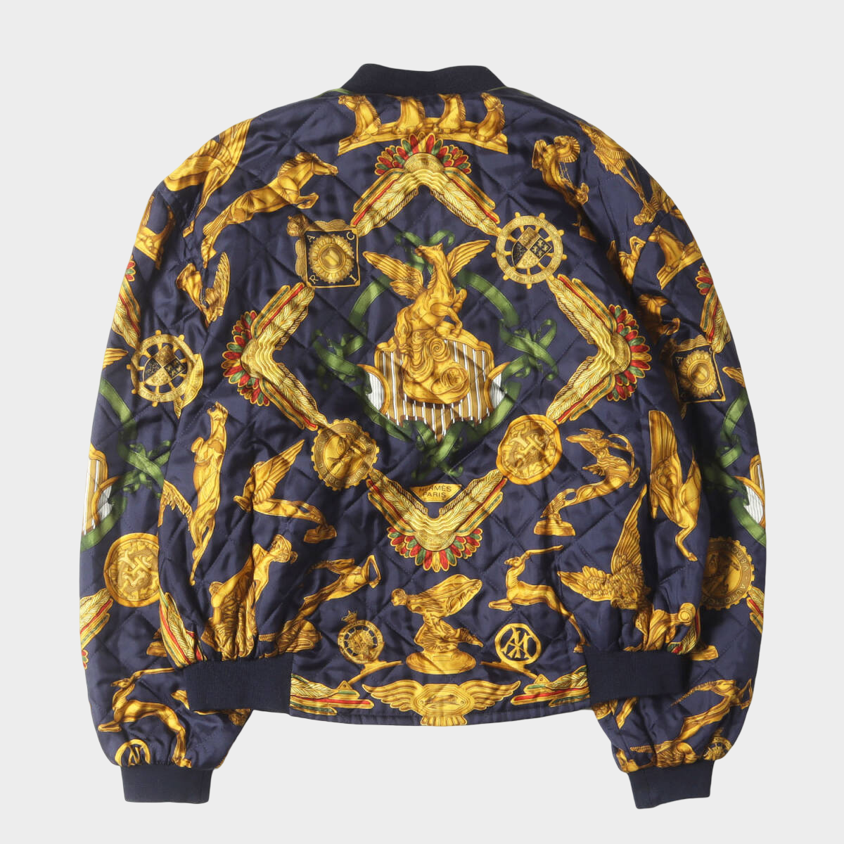 Hermès Reversible Silk Bomber Jacket — Gold & Navy Heraldic Print, Oversized Size 54, 1980s–90s Archive