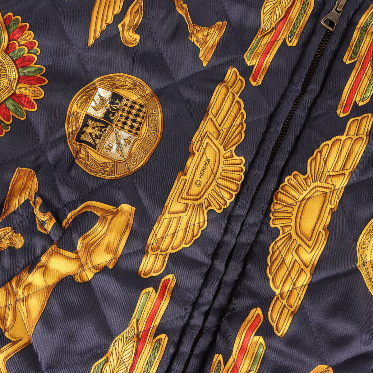 Hermès Reversible Silk Bomber Jacket — Gold & Navy Heraldic Print, Oversized Size 54, 1980s–90s Archive