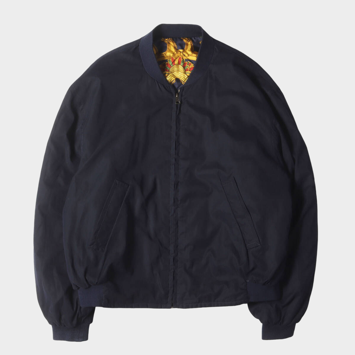 Hermès Reversible Silk Bomber Jacket — Gold & Navy Heraldic Print, Oversized Size 54, 1980s–90s Archive