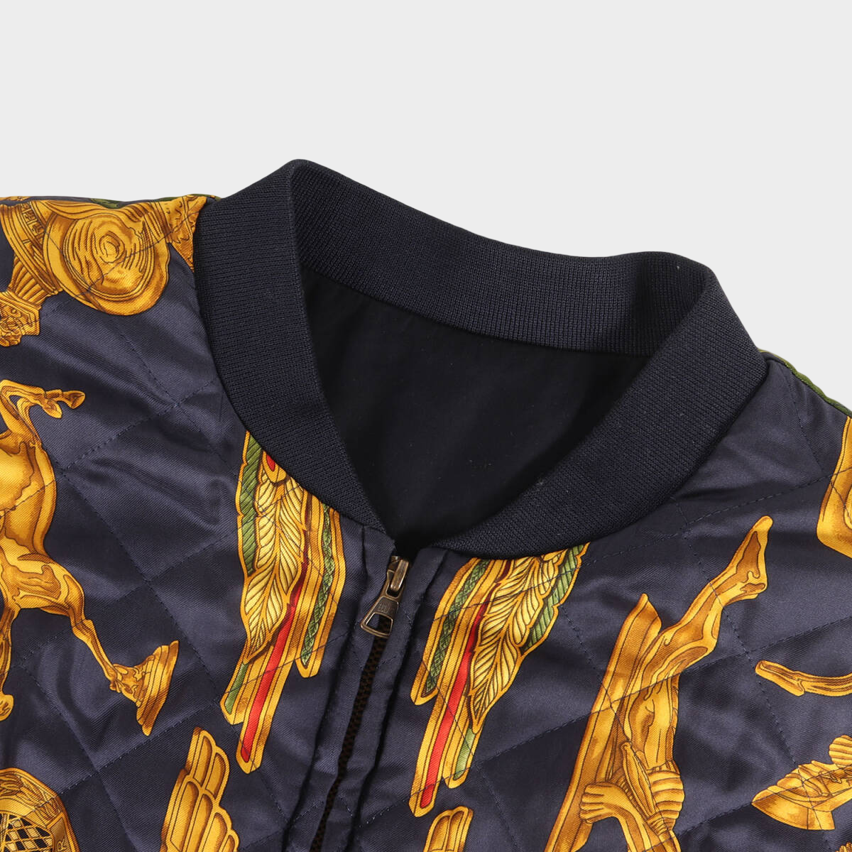 Hermès Reversible Silk Bomber Jacket — Gold & Navy Heraldic Print, Oversized Size 54, 1980s–90s Archive