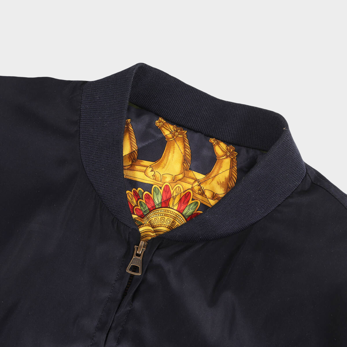Hermès Reversible Silk Bomber Jacket — Gold & Navy Heraldic Print, Oversized Size 54, 1980s–90s Archive