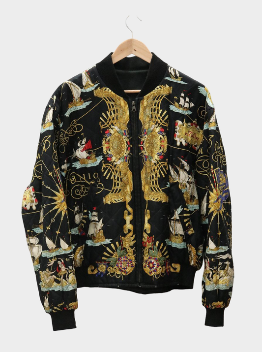 Hermes Vintage Reversible Silk Bomber Jacket Carré Scarf Print Quilted Blouson France