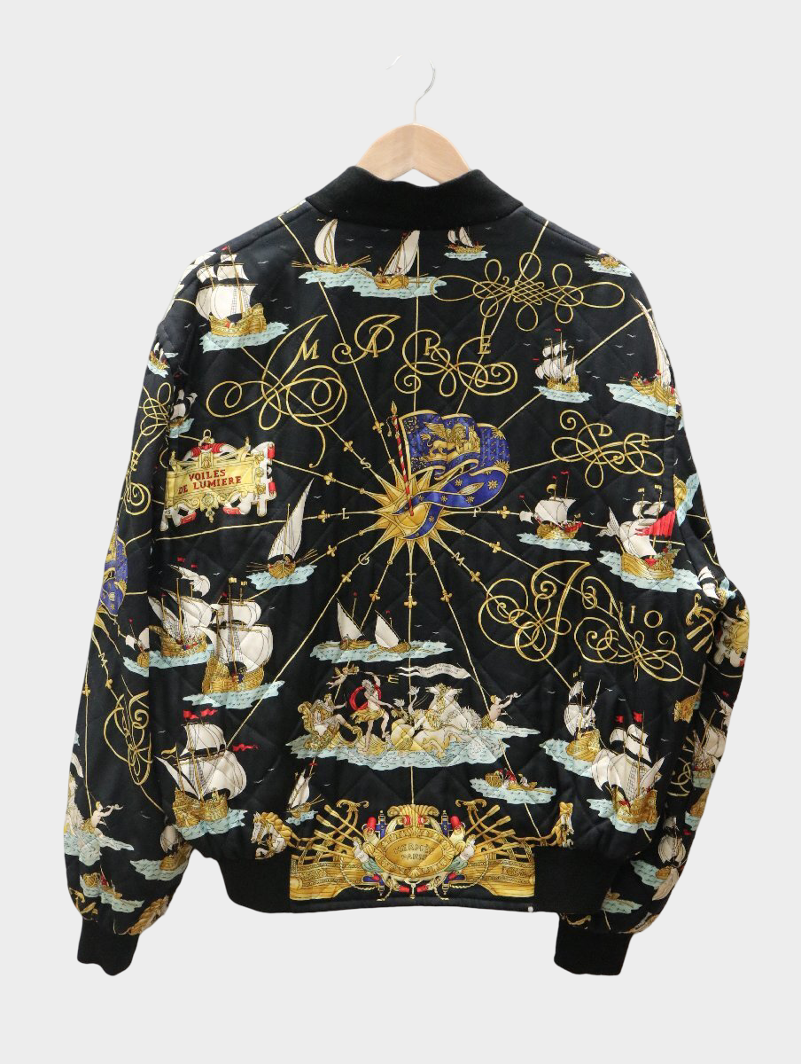 Hermes Vintage Reversible Silk Bomber Jacket Carré Scarf Print Quilted Blouson France