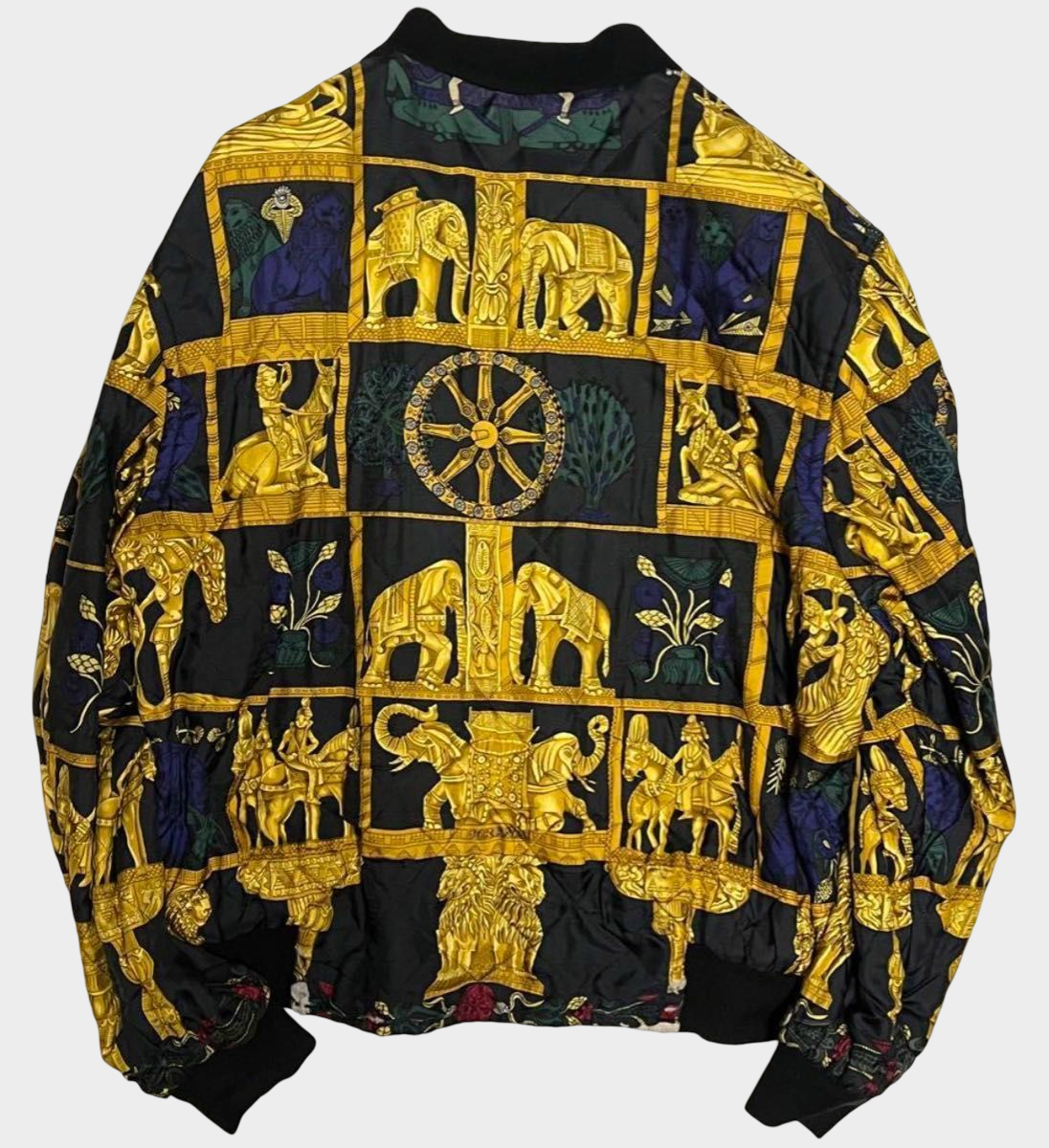 Hermès Vintage Reversible Silk Bomber Jacket Egyptian Motif Torana Design Size 54 Paris Made