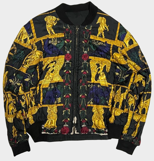 Hermès Vintage Reversible Silk Bomber Jacket Egyptian Motif Torana Design Size 54 Paris Made