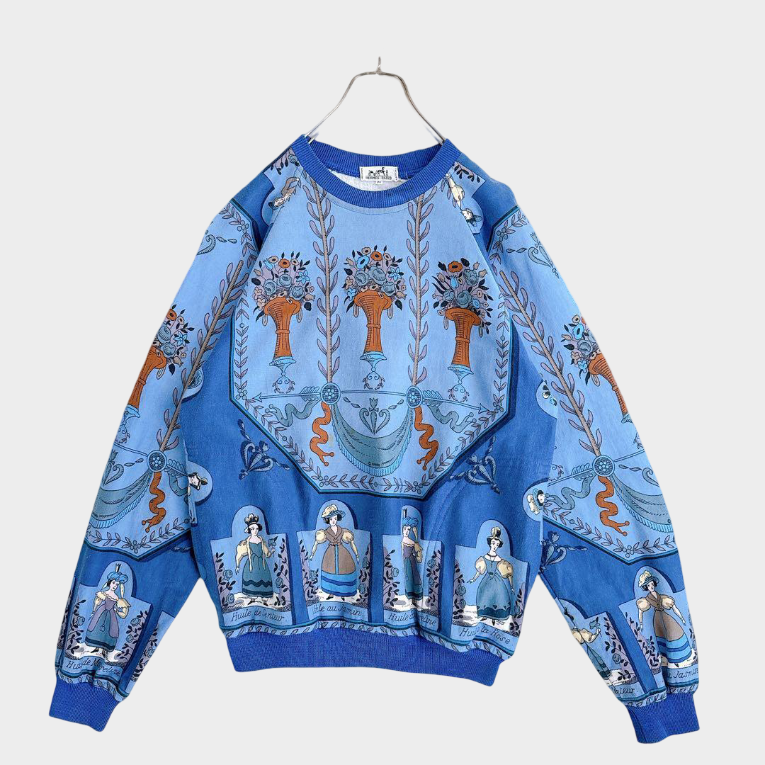Hermès Vintage Silk Scarf Panel Sweatshirt — Blue Mythological Carré Print, Unisex Luxury Pullover