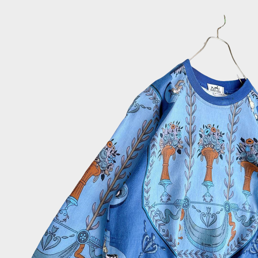 Hermès Vintage Silk Scarf Panel Sweatshirt — Blue Mythological Carré Print, Unisex Luxury Pullover