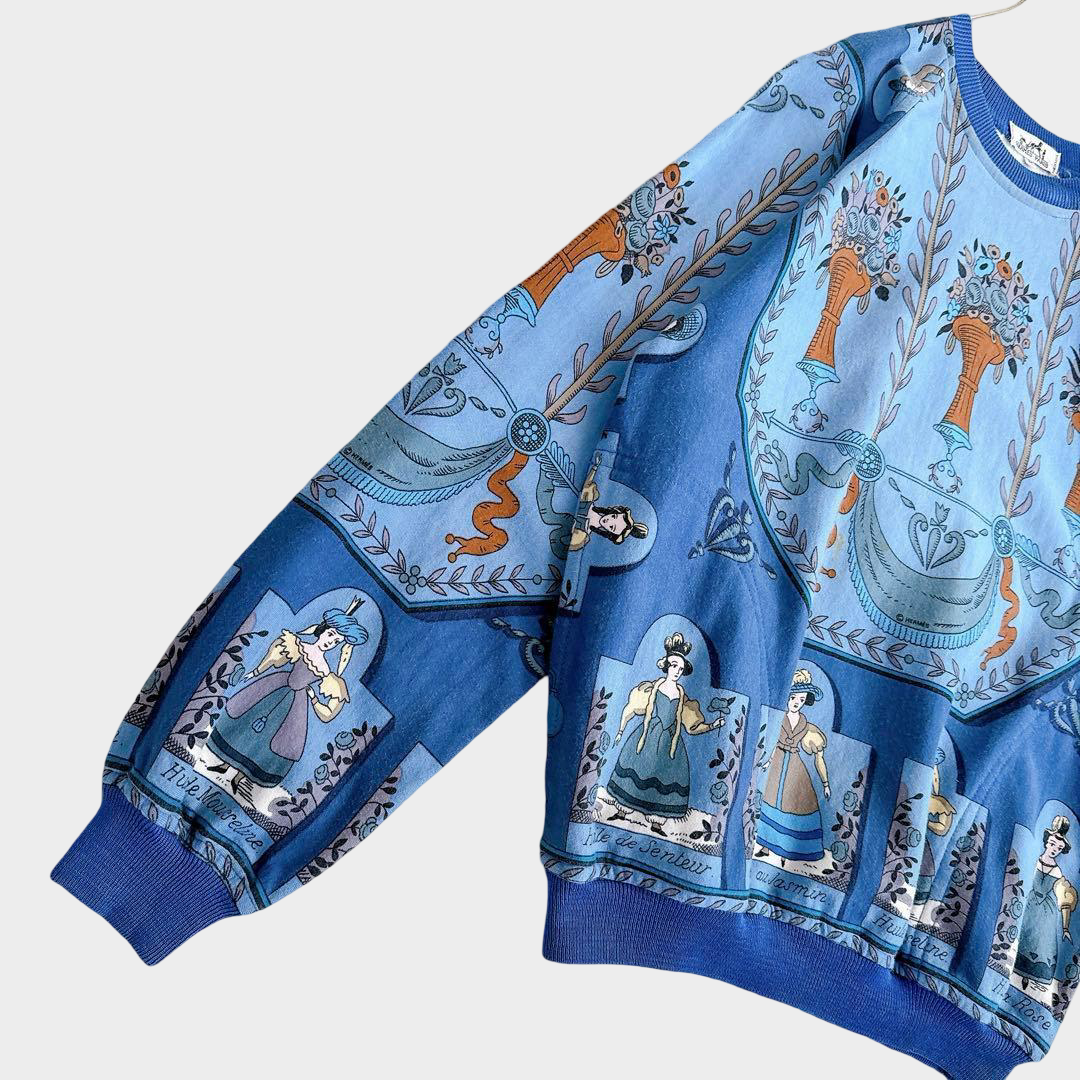 Hermès Vintage Silk Scarf Panel Sweatshirt — Blue Mythological Carré Print, Unisex Luxury Pullover