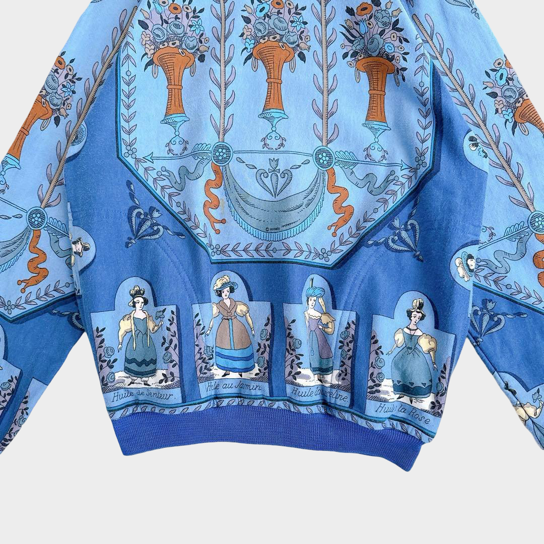 Hermès Vintage Silk Scarf Panel Sweatshirt — Blue Mythological Carré Print, Unisex Luxury Pullover