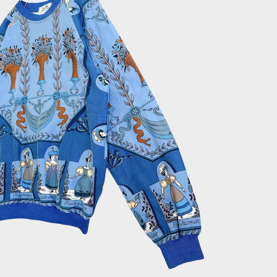 Hermès Vintage Silk Scarf Panel Sweatshirt — Blue Mythological Carré Print, Unisex Luxury Pullover