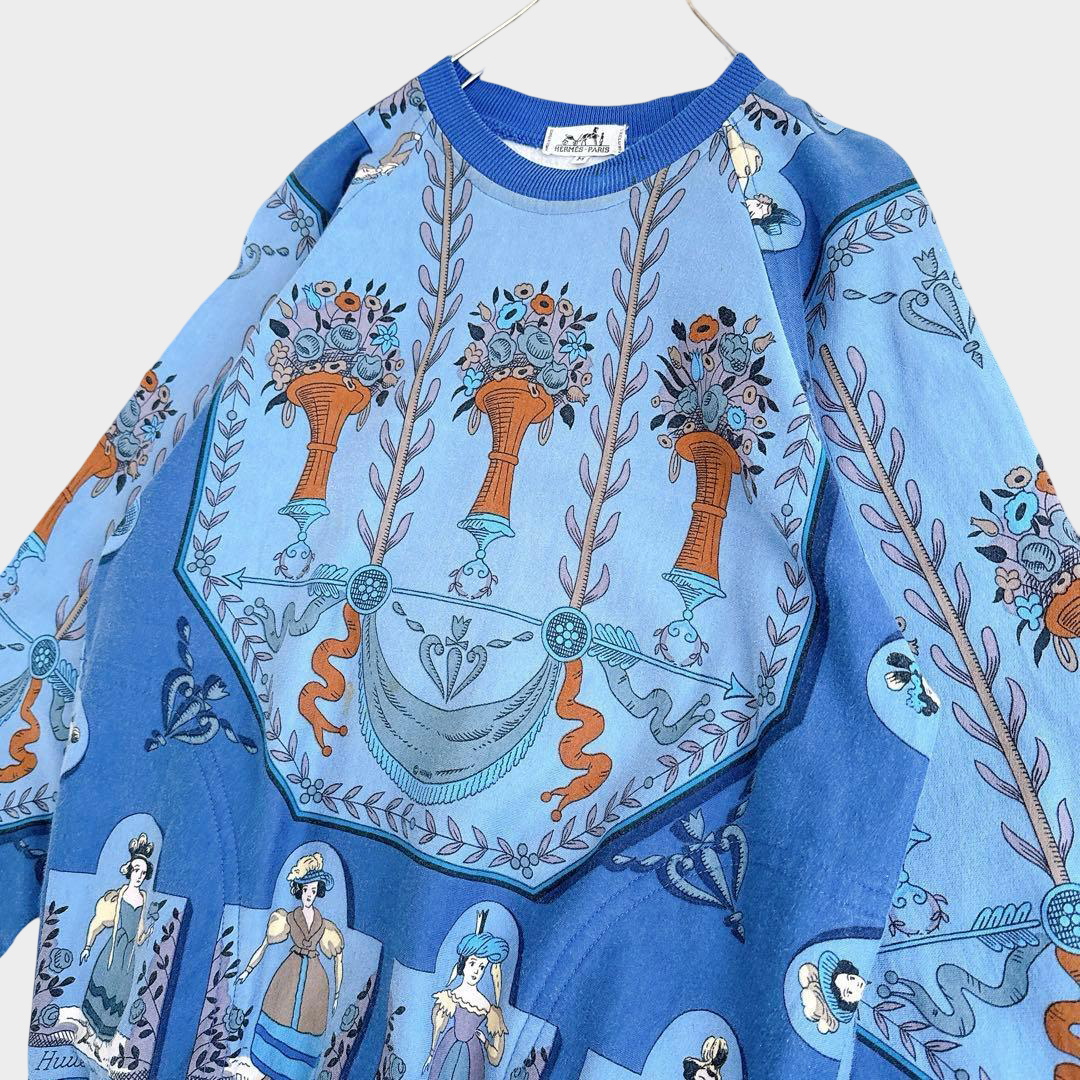 Hermès Vintage Silk Scarf Panel Sweatshirt — Blue Mythological Carré Print, Unisex Luxury Pullover