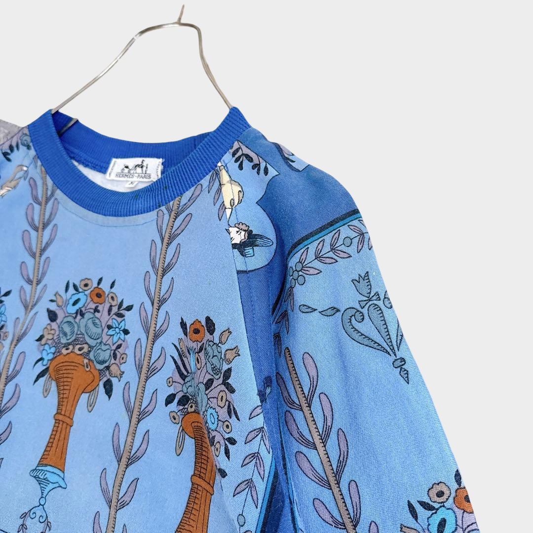 Hermès Vintage Silk Scarf Panel Sweatshirt — Blue Mythological Carré Print, Unisex Luxury Pullover