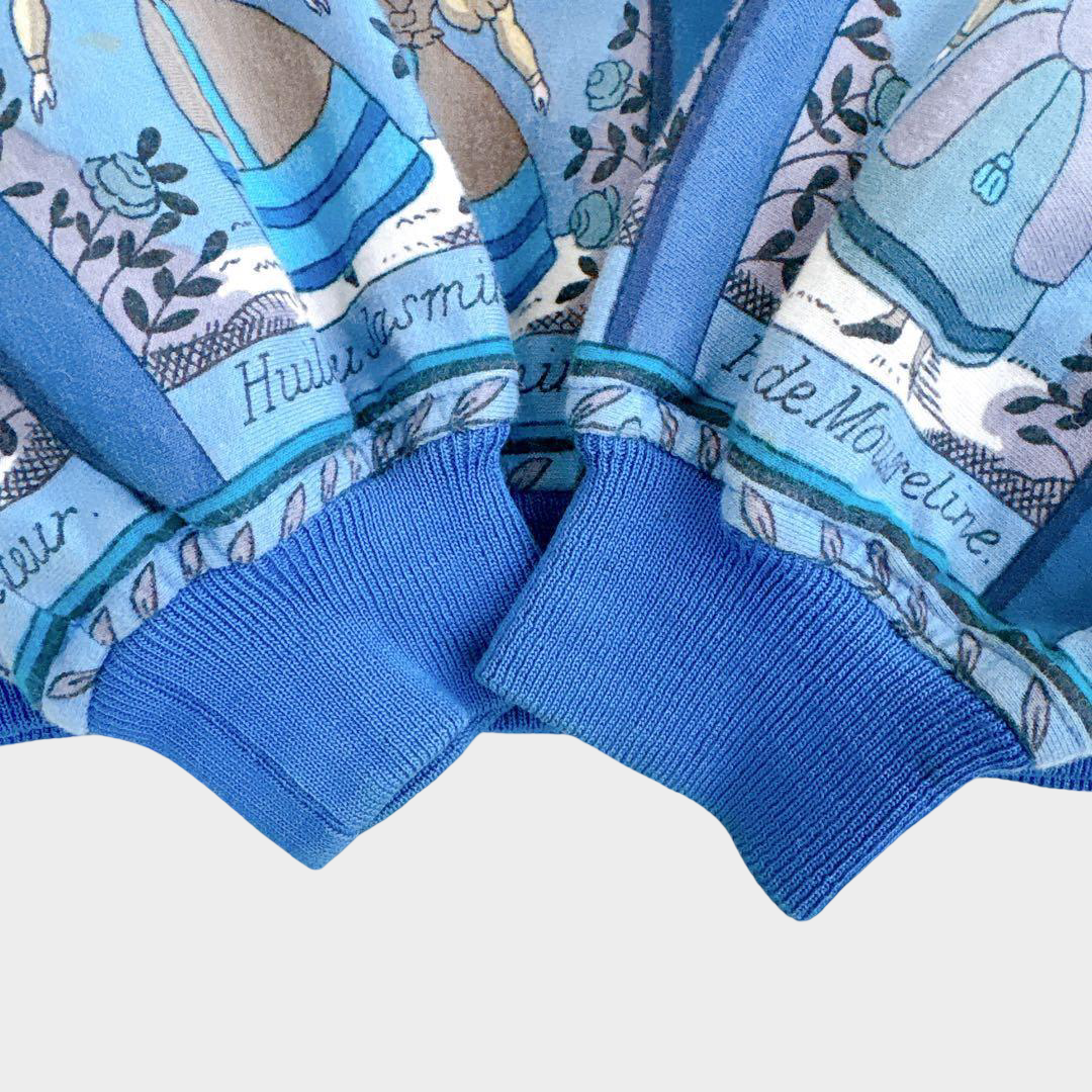 Hermès Vintage Silk Scarf Panel Sweatshirt — Blue Mythological Carré Print, Unisex Luxury Pullover