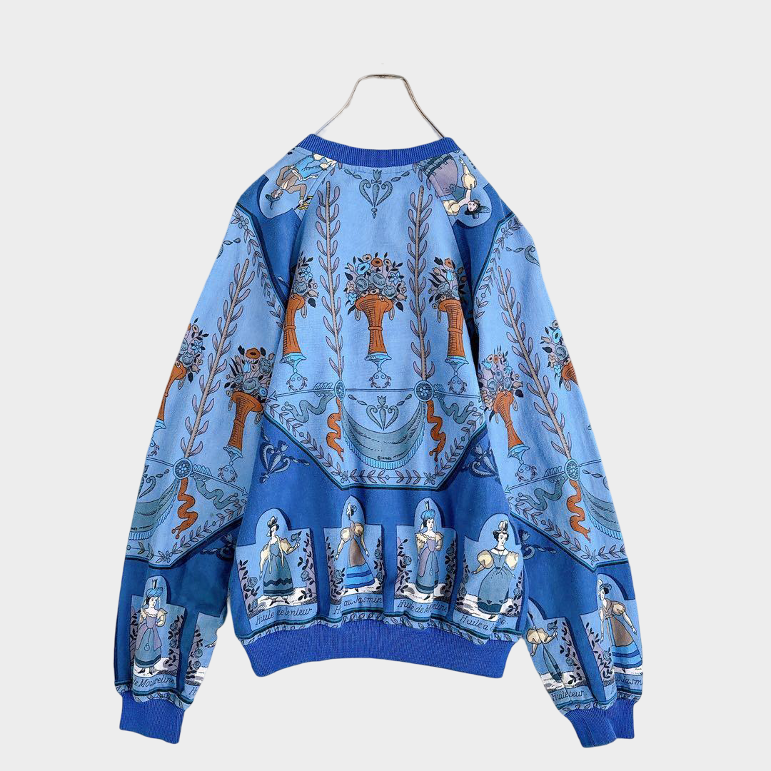 Hermès Vintage Silk Scarf Panel Sweatshirt — Blue Mythological Carré Print, Unisex Luxury Pullover