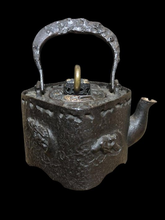 Nakamiya Fuji Hexagonal Cast Iron Tetsubin — Cloud Dragon Relief — Compact Japanese Iron Teaware