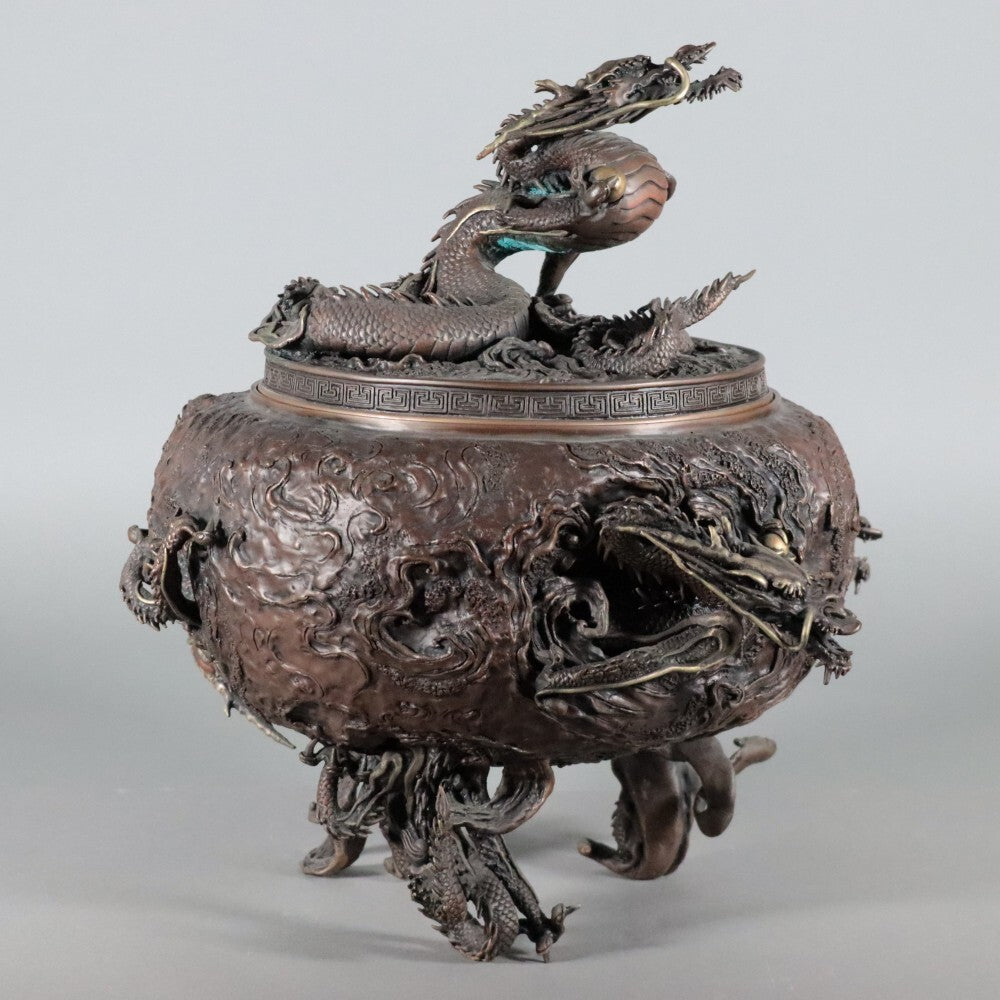 High-Relief Japanese Bronze Dragon Incense Koro Burner — Ritual Metalwork with Certificate - Wooden Base Included