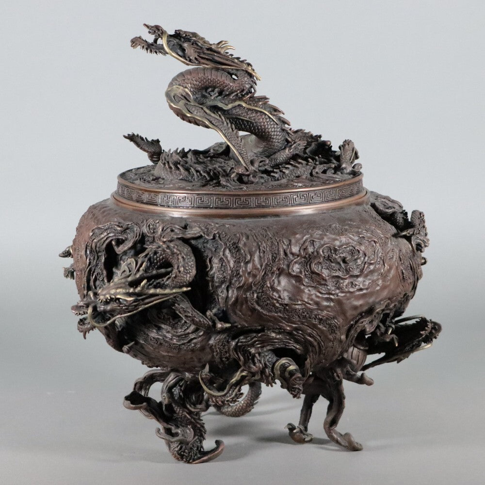High-Relief Japanese Bronze Dragon Incense Koro Burner — Ritual Metalwork with Certificate - Wooden Base Included