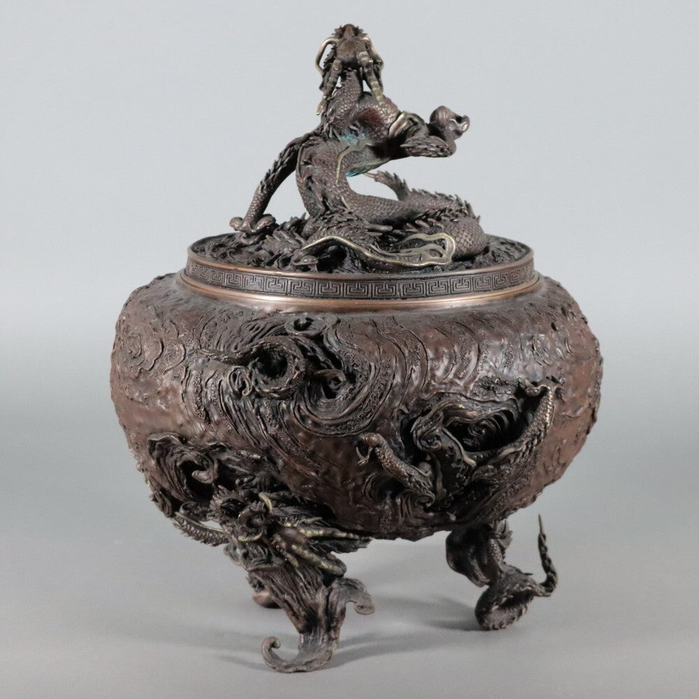 High-Relief Japanese Bronze Dragon Incense Koro Burner — Ritual Metalwork with Certificate - Wooden Base Included