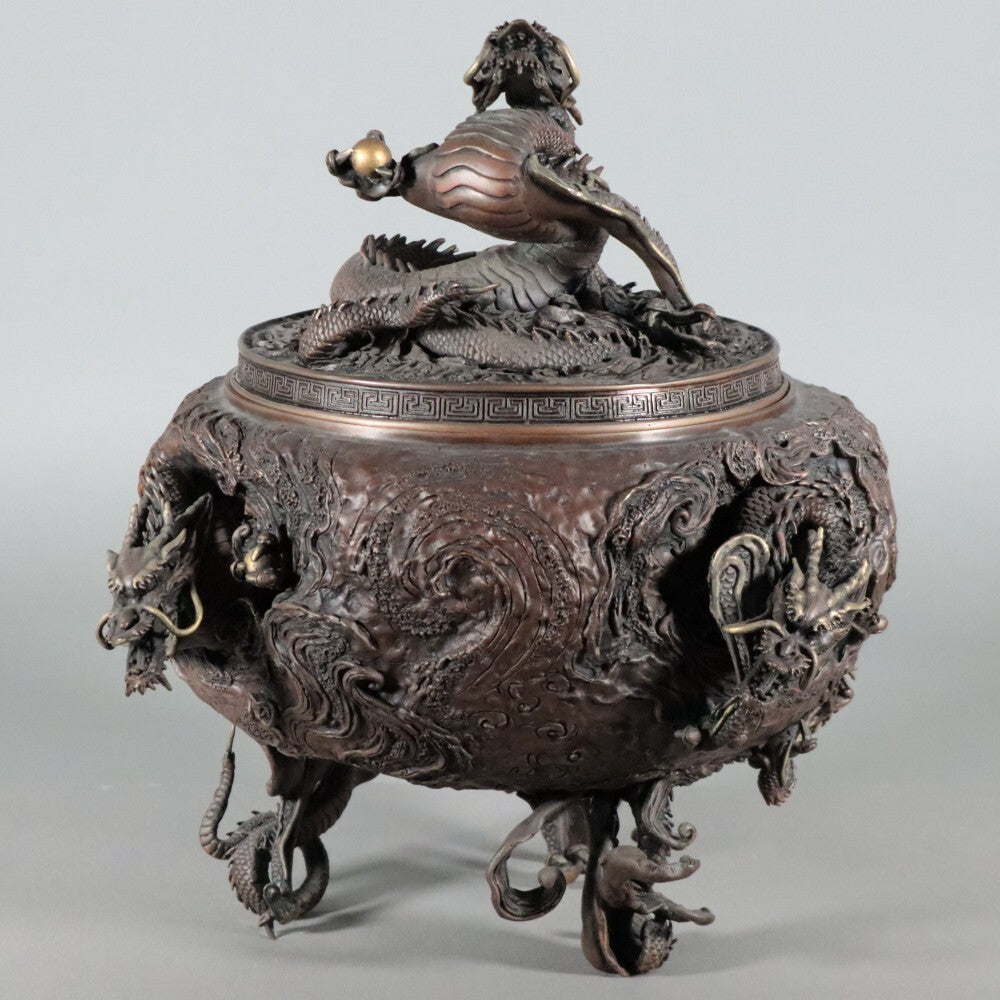 High-Relief Japanese Bronze Dragon Incense Koro Burner — Ritual Metalwork with Certificate - Wooden Base Included