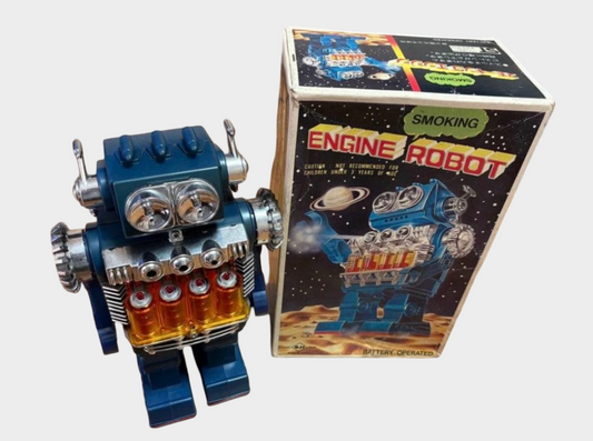 Horikawa Smoking Engine Robot with Box — Showa Tin Space Robot, Japan