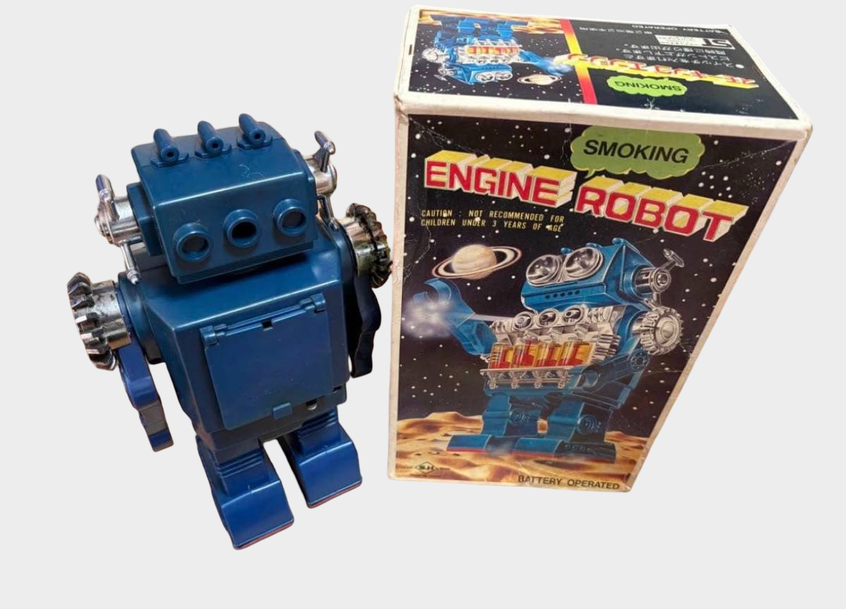 Horikawa Smoking Engine Robot with Box — Showa Tin Space Robot, Japan
