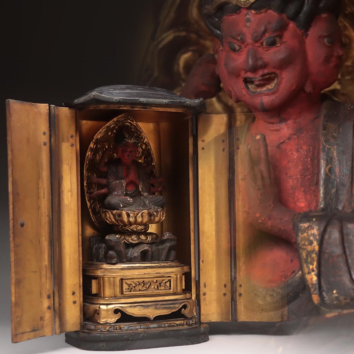 Bato Kannon Zushi (Horse-Head Kannon) — Eight-Armed Polychrome Wood Image | Edo-Period Esoteric Protector | Portable Shrine Cabinet (37.4 cm)