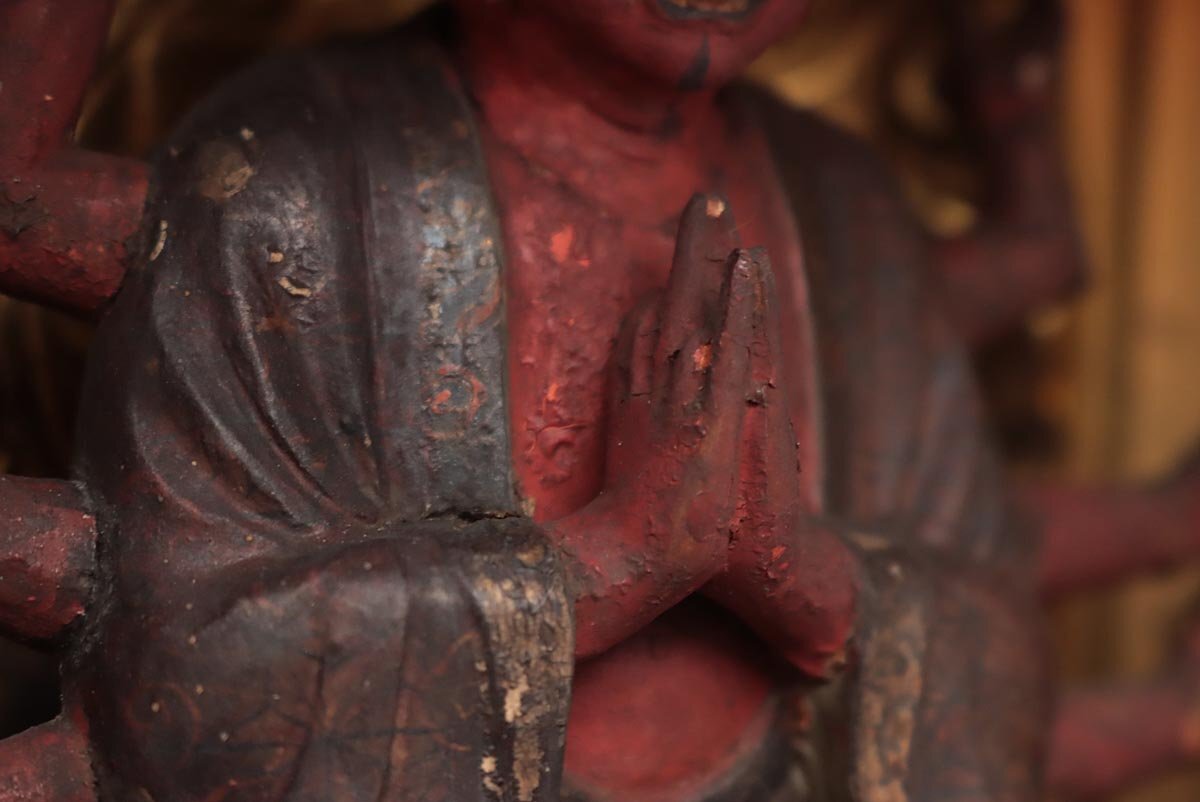 Bato Kannon Zushi (Horse-Head Kannon) — Eight-Armed Polychrome Wood Image | Edo-Period Esoteric Protector | Portable Shrine Cabinet (37.4 cm)