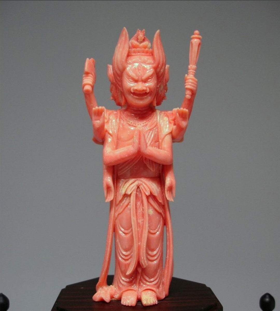 Horse‑Headed Kannon (Batō Kannon) — Master Kumazawa Kizan — Natural Coral Carving with Signed Tomobako — Showa Era Japan