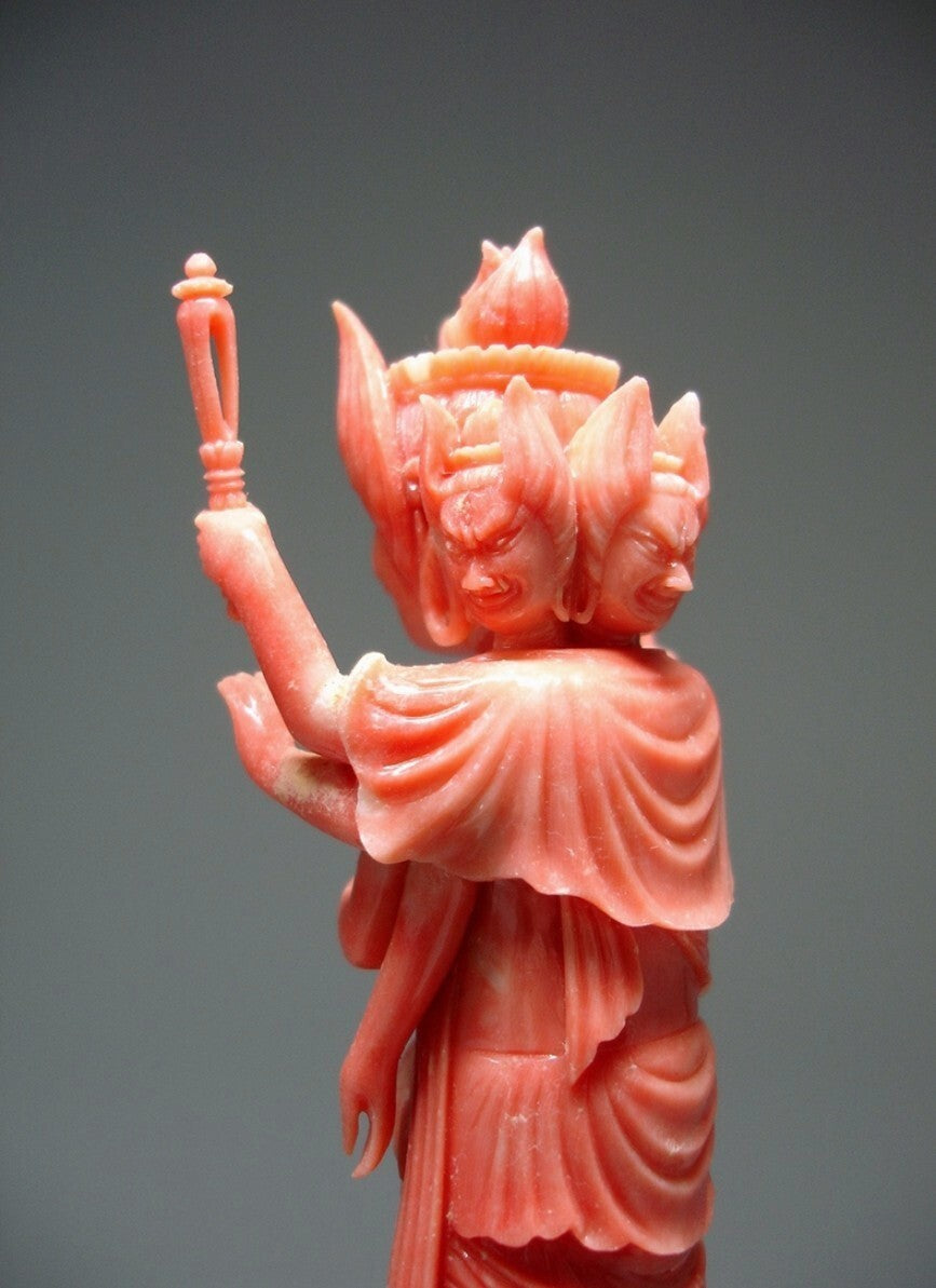 Horse‑Headed Kannon (Batō Kannon) — Master Kumazawa Kizan — Natural Coral Carving with Signed Tomobako — Showa Era Japan