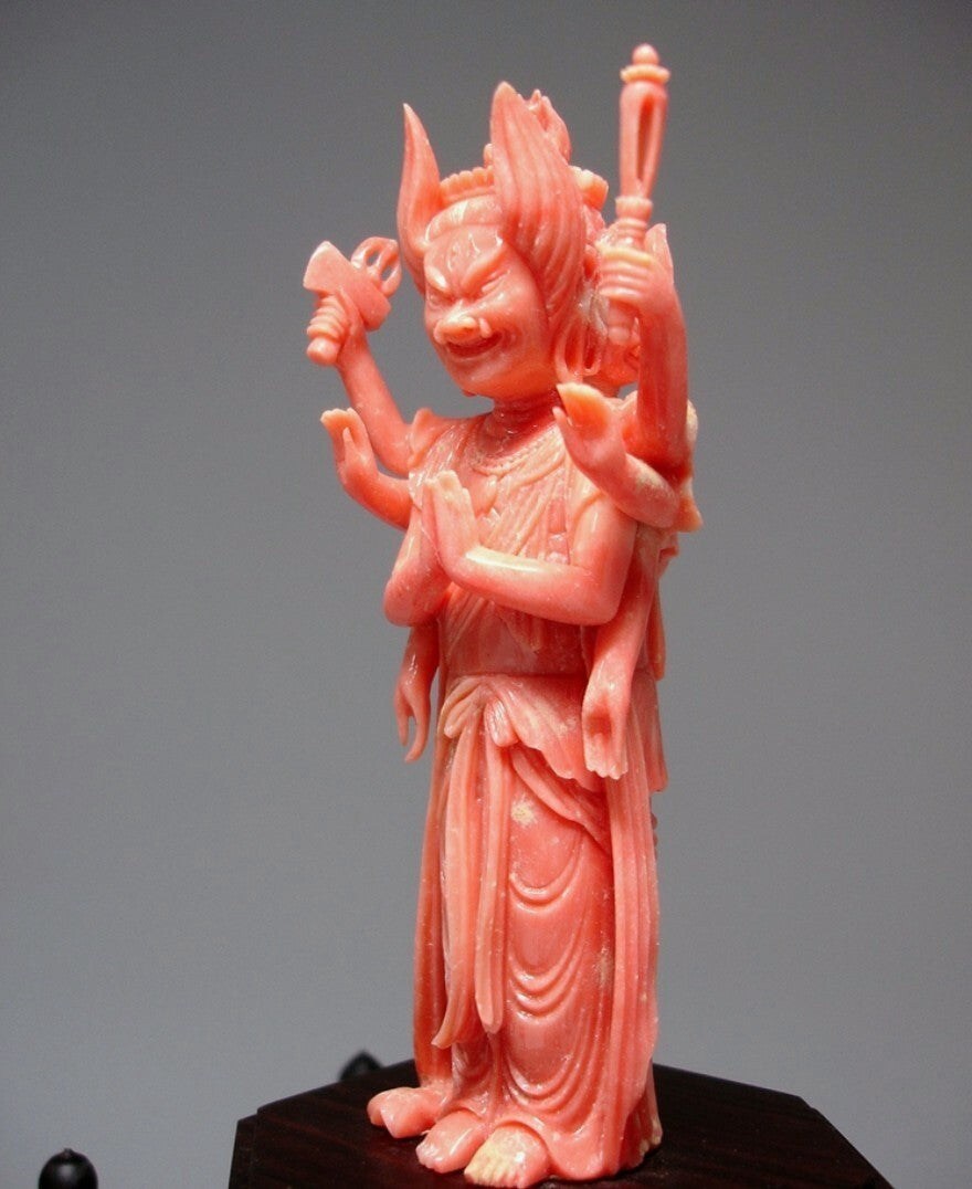 Horse‑Headed Kannon (Batō Kannon) — Master Kumazawa Kizan — Natural Coral Carving with Signed Tomobako — Showa Era Japan