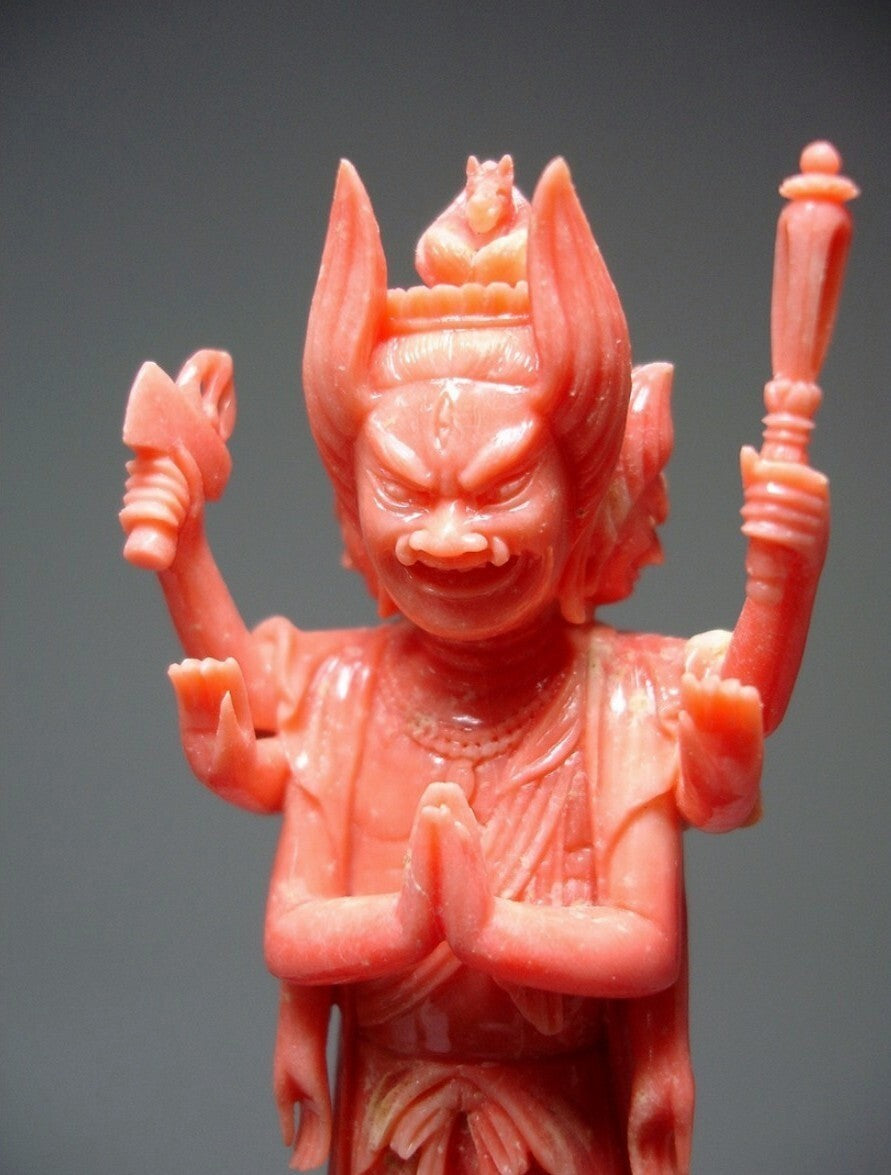 Horse‑Headed Kannon (Batō Kannon) — Master Kumazawa Kizan — Natural Coral Carving with Signed Tomobako — Showa Era Japan