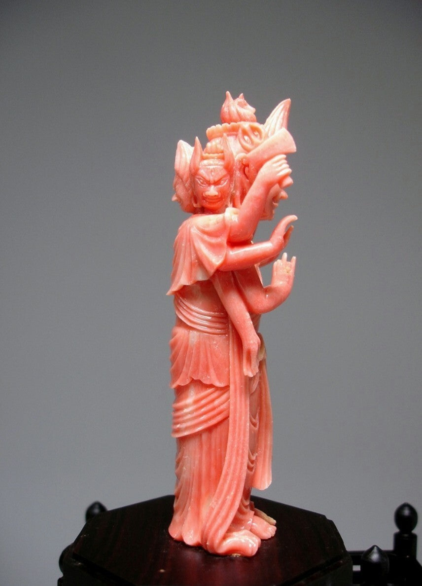 Horse‑Headed Kannon (Batō Kannon) — Master Kumazawa Kizan — Natural Coral Carving with Signed Tomobako — Showa Era Japan